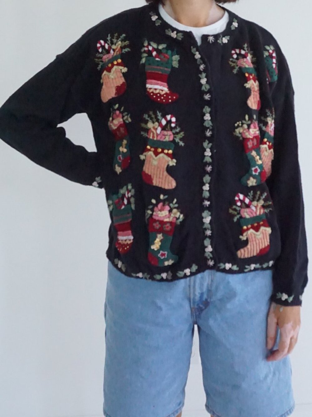 Vintage Black Stocking Candy Cane Holly Ugly Christmas Embroidered Cardigan M
